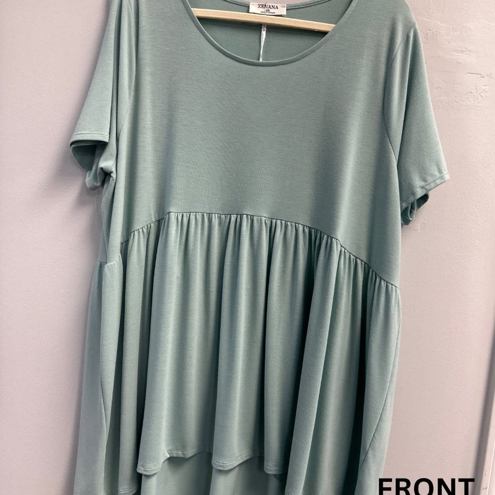 PLUS SIZE SHORT SLEEVE WAIST SHIRRING HIGH LOW TOP. -DUSTY GREEN